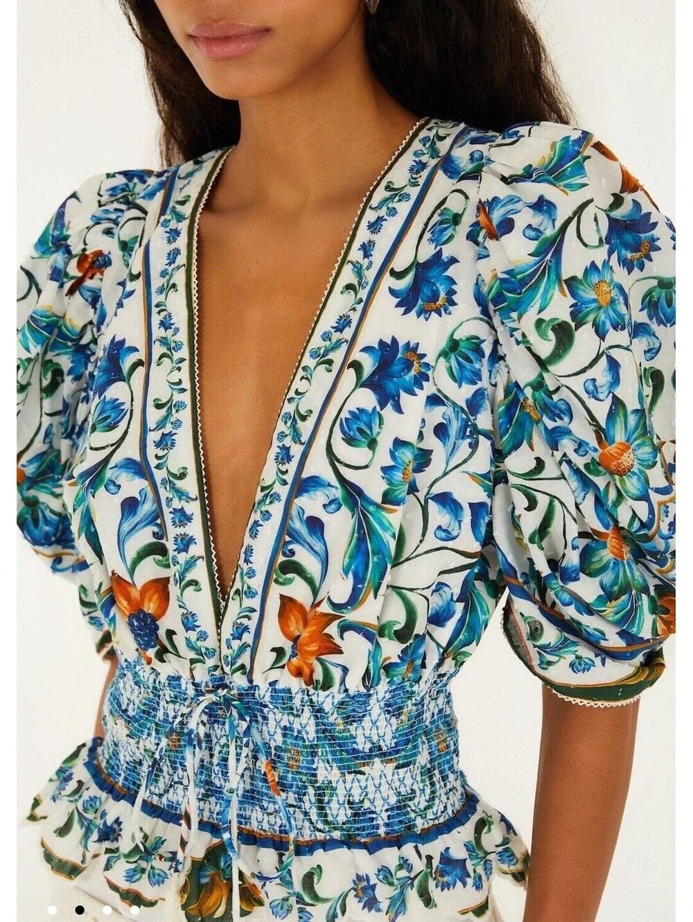 Farm Rio Flora Tile Smocked Blouse Blue Floral Puff Sleeve Top Women’s M